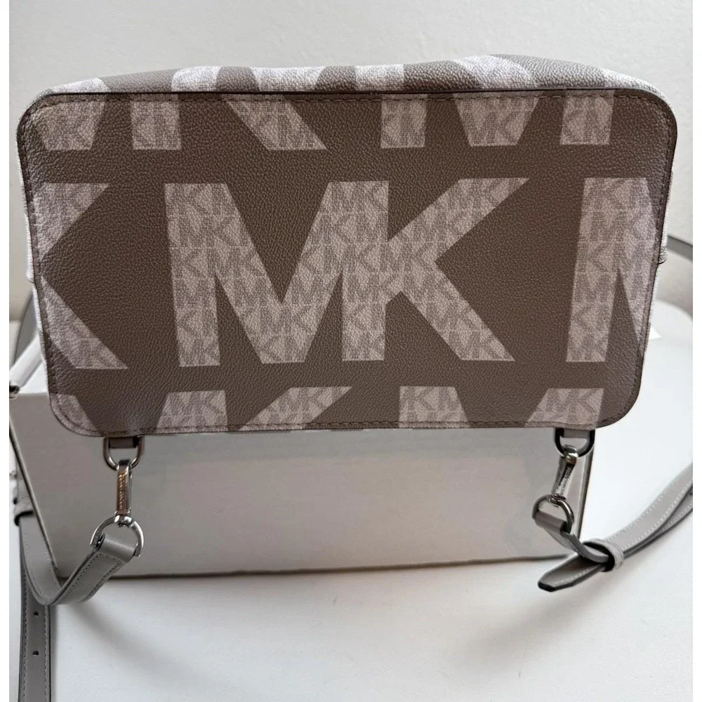 Michael Kors Suri Gray White Monogram Logo Print Convertible Bucket Backpack Bag